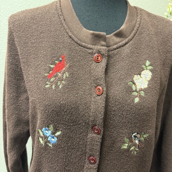 BonWorth Petite Brown Embroidered Bird Floral Button Cardigan Sweater M - Picture 2 of 7